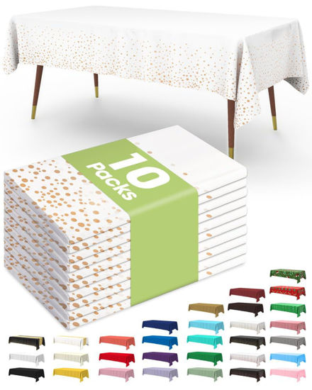 Picture of Pureegg Plastic Table Cloth Disposable 10 Pack, 54 x 108 Inch Table Cloths for Parties, Decorative Tablecloths for Rectangle Tables, Blue Plastic Table Cover, Leakproof & Sturdy, White and Rosegold