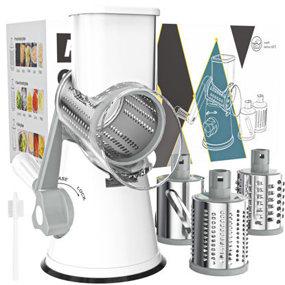 Picture of Cambom Rotary Cheese Grater Hand Crank Cheese Shredder for Fresh Cheese, Vegetable, Nuts,Non-slip Suction Base, Free Cleaning Brush Three Blades, White