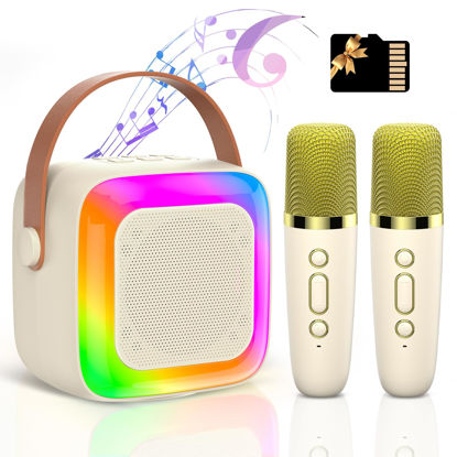 Picture of Mini Karaoke Machine for Kids Adults,Portable Bluetooth Karaoke Speaker with 2 Wireless Microphone and LED Lights,Toys for Party,Home KTV,Birthday for Girls 4, 5, 6, 7, 8,12+ Toddler Teens(Beige)