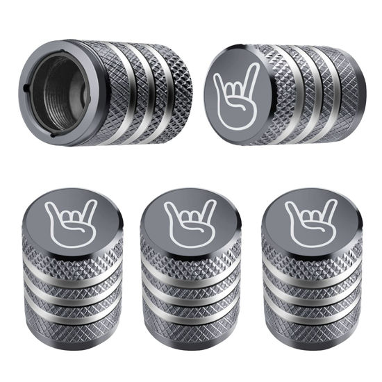 Picture of Tire Valve Stem Cap Cover - (5 Pack) Tire Air Cap Metal with Plastic Liner Corrosion Resistant Leak-Proof Rock and Roll for Car Truck Motorcycle Bike Grey