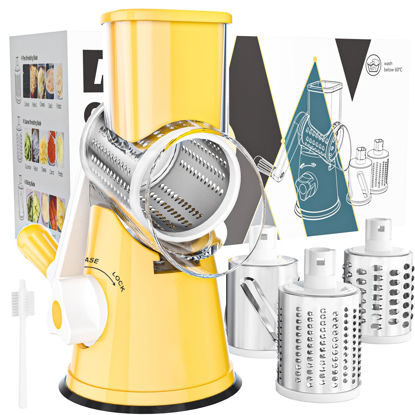 Picture of Cambom Rotary Cheese Grater Hand Crank Cheese Shredder for Fresh Cheese, Vegetable, Nuts,Non-slip Suction Base, Free Cleaning Brush Three Blades,Yellow
