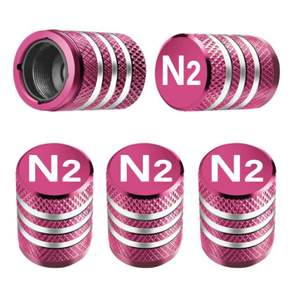 Picture of Tire Valve Stem Caps Cover - (5 Pack) Tire Air Cap N2 Nitrogen Metal with Plastic Liner Corrosion Resistant Leak-Proof for Car Truck Motorcycle Bike Pink