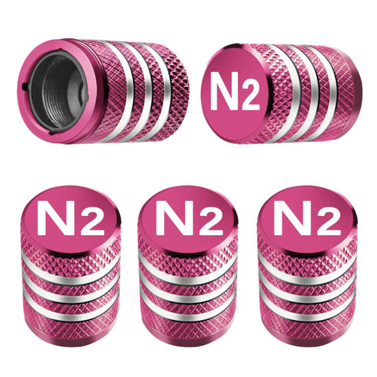 Picture of Tire Valve Stem Caps Cover - (5 Pack) Tire Air Cap N2 Nitrogen Metal with Plastic Liner Corrosion Resistant Leak-Proof for Car Truck Motorcycle Bike Pink