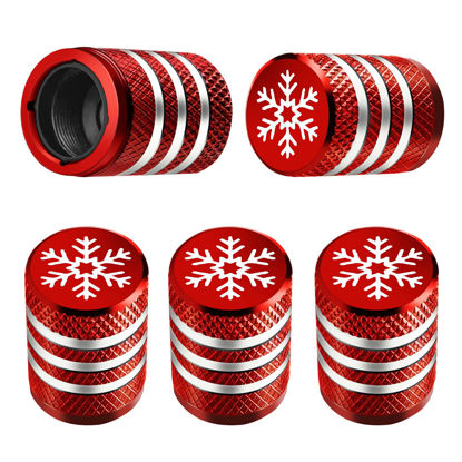 Picture of Tire Valve Stem Cap Cover - (5 Pack) Tire Air Caps Metal with Plastic Liner Corrosion Resistant Leak-Proof Snow Snowflake for Car Motorcycle Bike Red