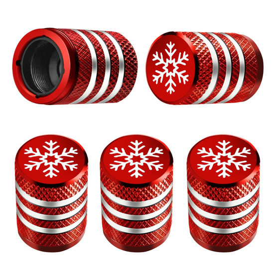 Picture of Tire Valve Stem Cap Cover - (5 Pack) Tire Air Caps Metal with Plastic Liner Corrosion Resistant Leak-Proof Snow Snowflake for Car Motorcycle Bike Red