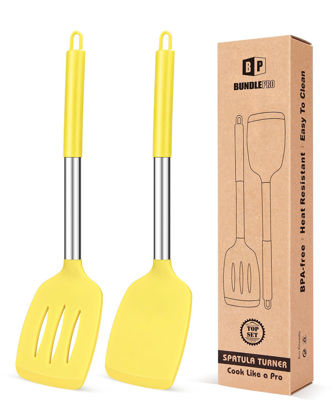 Picture of Pack of 2 Silicone Solid Turner, Non Stick Slotted Kitchen Spatulas, High Heat Resistant BPA Free Cooking Utensils, Ideal Cookware for Fish, Eggs, Pancakes(Yellow)