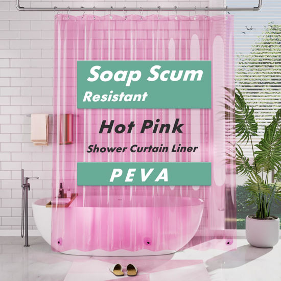 Picture of AmazerBath 72x78 Long Shower Curtain Liner, Clear Pink Plastic Shower Curtain Liner, Waterproof PEVA Shower Liner, Cute Lightweight Shower Curtains for Bathroom with 3 Magnets & 12 Rustproof Grommets
