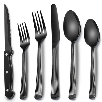 Picture of Black Hammered Silverware Set with Steak Knives, 24-Piece Stainless Steel Roman Column Flatware Set for 4, Food-Grade Tableware Cutlery Set, Utensil Sets for Home Restaurant, Mirror Finish