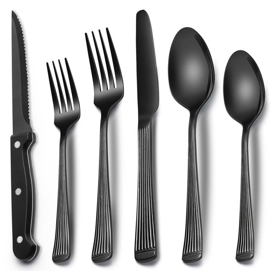 Picture of Black Hammered Silverware Set with Steak Knives, 24-Piece Stainless Steel Roman Column Flatware Set for 4, Food-Grade Tableware Cutlery Set, Utensil Sets for Home Restaurant, Mirror Finish