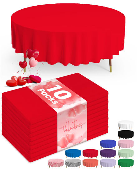 Picture of Pureegg Plastic Table Cloth Disposable - 10 Pack, Disposable Table Cloths for Valentines Day Decorations, Weddings, Valentines Round Tablecloths, 84'' Red Plastic Tablecloth, Leakproof & Sturdy, Red
