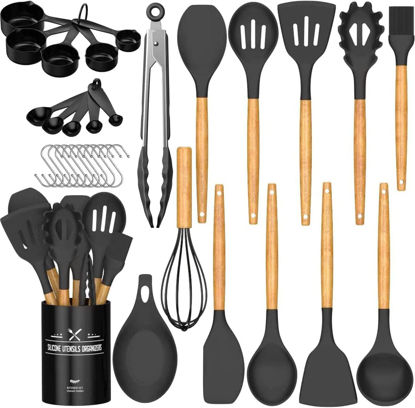 Picture of Umite Chef Kitchen Cooking Utensils Set, 33 pcs Non-Stick Utensils Spatula Set with Holder, Black Wooden Handle Silicone Kitchen Gadgets