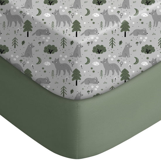 Picture of Yoofoss Pack and Play Sheets Fitted, Mini Crib Sheets 2-Pack for Pack N Play Mattress, Stretchy Playard Sheet, Soft and Breathable Gray-Green+Fox