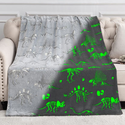 Picture of Dinosaur Gifts Toys for Kids Boys - Dino Glow in The Dark Blanket Christmas Birthday Valentines Easter Presents for Age 2 3 4 5 6 7 8 9 10 11 Years Old Teen Girls Toddler Children Throw Gray 50"x60"