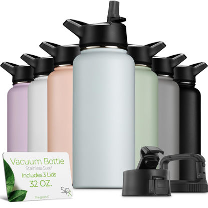 Picture of SipX™ Triple-Insulated Stainless Steel Water Bottle 32oz. With 3 Lids, BPA-Free Reusable Insulated Water Bottle Keeps Cold 24 Hours, Metal Water Bottle Made Of Sustainable Material For Hiking & Biking