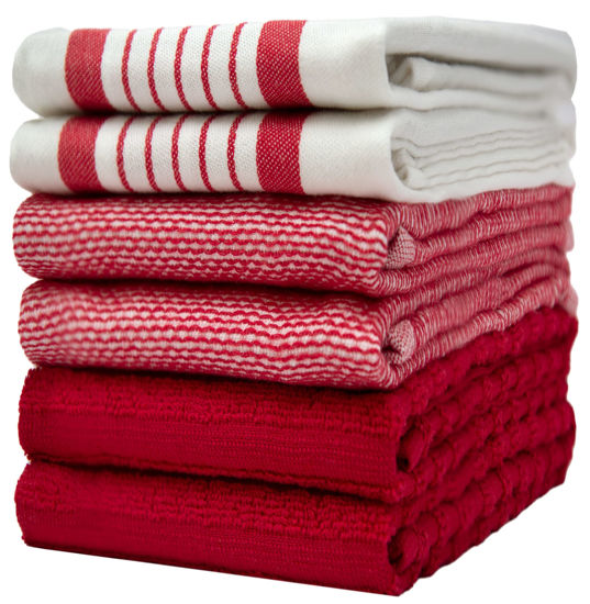 Picture of Premium Kitchen Towels 20”x 28”- 6 Pack| Large Cotton Kitchen Towels | Hand Towels for Kitchen | Flat & Terry Towel | Dish Towels | Highly Absorbent Tea Towels Set with Hanging Loop | Red Striped