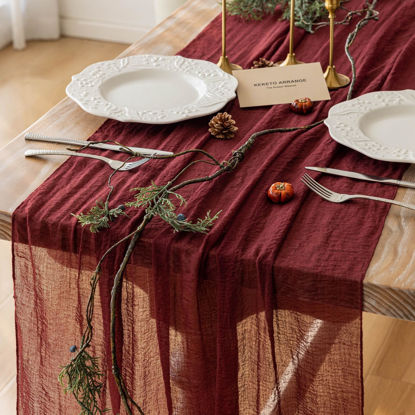 Picture of Keketo Burgundy Table Runner Burgundy Red Cheesecloth Gauze 120 Inch 10 FT Rustic Boho Cheese Cloth Runner for Wedding Baby Shower Bridal Shower Engagement Birthday Party Long Sheer Home Decorations