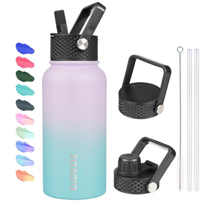 Picture of BJPKPK Insulated Water Bottles with Straw Lid, 27oz Stainless Steel Water Bottle with 3 Lids, Leak Proof BPA Free Metal Thermos Mug, Sports Water Bottle Keep Cold & Hot- Oasis