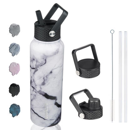 Picture of BJPKPK Insulated Water Bottles with Straw Lid, 40oz Stainless Steel Water Bottles with 3 Lids, Large Metal Water Bottle, BPA Free Leakproof Thermos Water Bottle for Sports & Gym-Carrara Marble