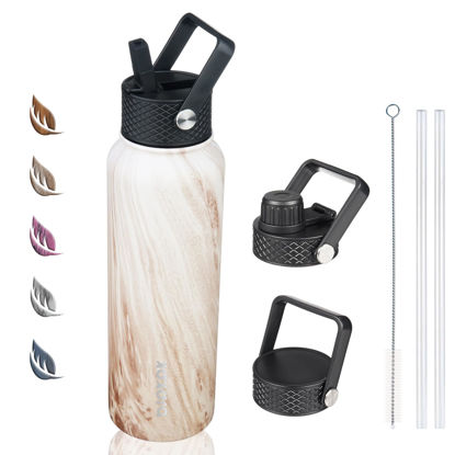 Picture of BJPKPK Insulated Water Bottles with Straw Lid, 40oz Stainless Steel Water Bottles with 3 Lids, Large Metal Water Bottle, BPA Free Leakproof Thermos Water Bottle for Sports-Wood Yellow Gray
