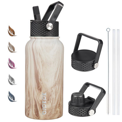 Picture of BJPKPK Insulated Water Bottles with Straw Lid, 27oz Stainless Steel Water Bottle with 3 Lids, Leak Proof BPA Free Metal Thermos Mug, Sports Water Bottle Keep Cold & Hot- Wood- Yellow Gray