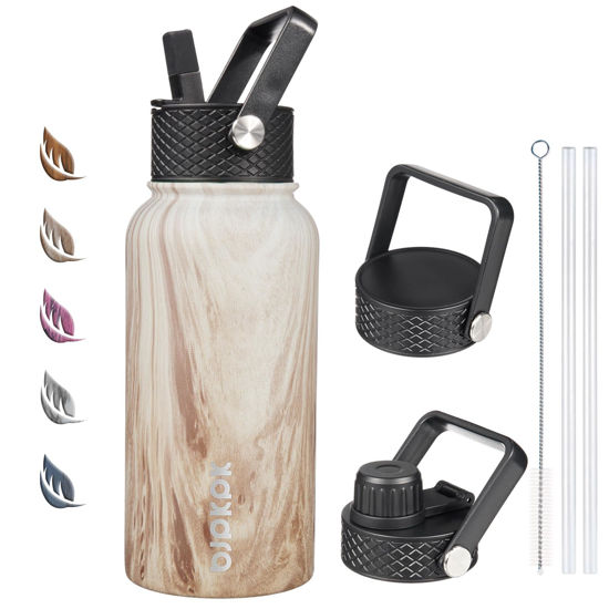 Picture of BJPKPK Insulated Water Bottles with Straw Lid, 27oz Stainless Steel Water Bottle with 3 Lids, Leak Proof BPA Free Metal Thermos Mug, Sports Water Bottle Keep Cold & Hot- Wood- Yellow Gray
