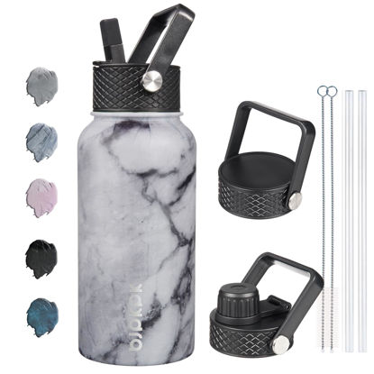 Picture of BJPKPK Insulated Water Bottles with Straw Lid, 27oz Stainless Steel Water Bottle with 3 Lids, Leak Proof BPA Free Metal Thermos Mug, Sports Water Bottle Keep Cold & Hot- Carrara Marble