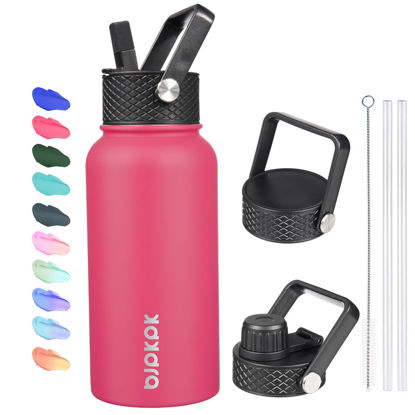 Picture of BJPKPK Insulated Water Bottles with Straw Lid, 27oz Stainless Steel Water Bottle with 3 Lids, Leak Proof BPA Free Metal Thermos Mug, Sports Water Bottle Keep Cold & Hot- Rose Pink