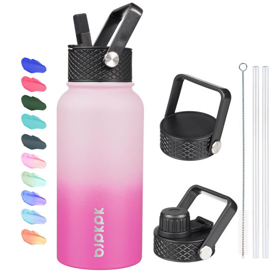 Picture of BJPKPK Insulated Water Bottles with Straw Lid, 27oz Stainless Steel Water Bottle with 3 Lids, Leak Proof BPA Free Metal Thermos Mug, Sports Water Bottle Keep Cold & Hot- Cherry