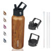 Picture of BJPKPK Insulated Water Bottles with Straw Lid, 40oz Stainless Steel Water Bottles with 3 Lids, Large Metal Water Bottle, BPA Free Leakproof Thermos Water Bottle for Sports & Gym- Teakwood