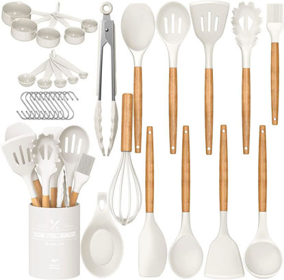 Picture of Umite Chef Kitchen Cooking Utensils Set, 33 pcs Non-stick Silicone Cooking Kitchen Utensils Spatula Set with Holder, Wooden Handle Silicone Kitchen Gadgets Utensil Set (Cream White)