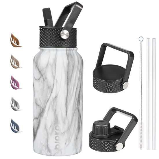 Picture of BJPKPK Insulated Water Bottles with Straw Lid, 27oz Stainless Steel Water Bottle with 3 Lids, Leak Proof BPA Free Metal Thermos Mug, Sports Water Bottle Keep Cold & Hot- White Birch