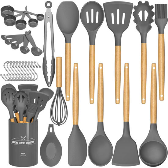 Picture of Umite Chef Kitchen Cooking Utensils Set, 33 pcs Non-stick Silicone Spatula Set with Holder, Woodle Handle Heat Resistant Gadgets Utensil (Gray)