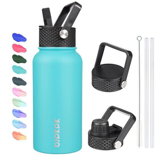 Picture of BJPKPK Insulated Water Bottles with Straw Lid, 27oz Stainless Steel Water Bottle with 3 Lids, Leak Proof BPA Free Metal Thermos Mug, Sports Water Bottle Keep Cold & Hot- Turquoise