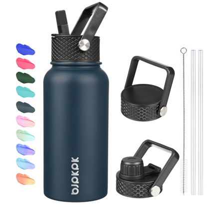 Picture of BJPKPK Insulated Water Bottles with Straw Lid, 27oz Stainless Steel Water Bottle with 3 Lids, Leak Proof BPA Free Metal Thermos Mug, Sports Water Bottle Keep Cold & Hot- Navy Blue