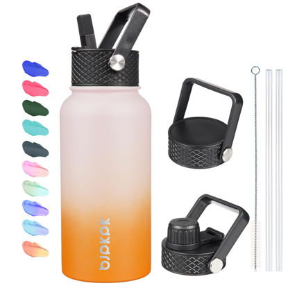 Picture of BJPKPK Insulated Water Bottles with Straw Lid, 27oz Stainless Steel Water Bottle with 3 Lids, Leak Proof BPA Free Metal Thermos Mug, Sports Water Bottle Keep Cold & Hot- Coral