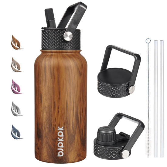 Picture of BJPKPK Insulated Water Bottles with Straw Lid, 27oz Stainless Steel Water Bottle with 3 Lids, Leak Proof BPA Free Metal Thermos Mug, Sports Water Bottle Keep Cold & Hot- Teakwood