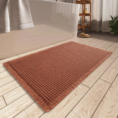 Picture of AMOAMI Upgraded Waffle Bath Mat, Super Absorbent Non Slip Bath Mats for Bathroom Floor, Machine Washable Bathroom Rugs with Tassels, Rubber Backed Bathroom Mats, Ultra Soft, 18" x 30", Dirty Orange