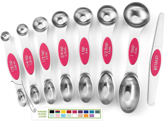 Picture of Spring Chef Pink Stainless Steel Magnetic Measuring Spoons Set of 8 with Leveler, Dual Sided Teaspoon & Tablespoon Measuring Set for Dry and Liquid Ingredients, Kitchen Gadgets for Baking & Cooking