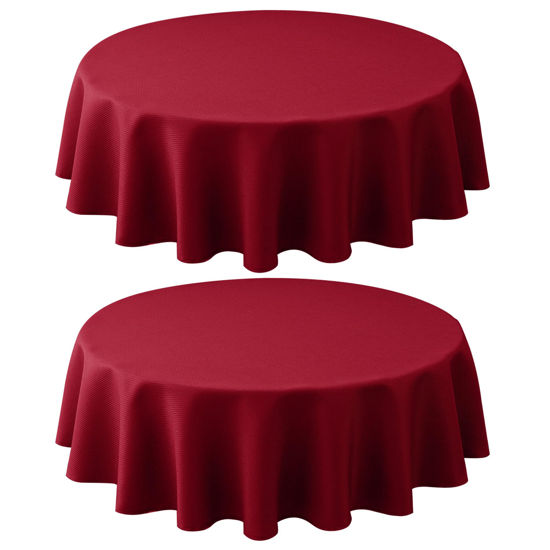 Picture of Biscaynebay 2 Pack Textured Fabric Round Christmas Tablecloths 60", Red Water Resistant Fabric Tablecloths for Dining, Kitchen, Wedding, Parties etc Machine Washable
