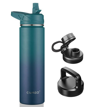 Picture of CIVAGO 24 oz Insulated Water Bottle With Straw, Stainless Steel Sports Water Flask Cup with 3 Lids (Straw, Spout and Handle Lid), Double Walled Travel Thermal Canteen Mug, Dark Night