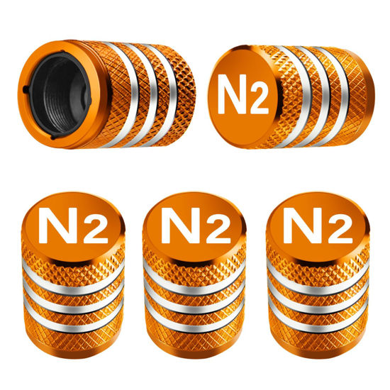 Picture of Tire Valve Stem Caps Cover - (5 Pack) Tire Air Cap N2 Nitrogen Metal with Plastic Liner Corrosion Resistant Leak-Proof for Car Truck Motorcycle Bike Orange
