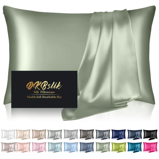 Picture of Silk Pillowcase for Hair and Skin, Mulberry Silk Pillow Cases King Size, Anti Acne Cooling Sleep Both Sides Natural Silk Satin Pillow Case Covers with Hidden Zipper, Gifts for Women Men, Sage Green