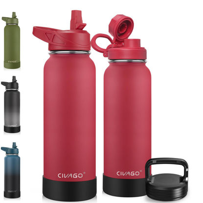 Picture of CIVAGO 40 oz Insulated Water Bottle With Straw, Stainless Steel Sports Water Cup Flask with 3 Lids, Double Walled Travel Thermal Canteen Mug, Red