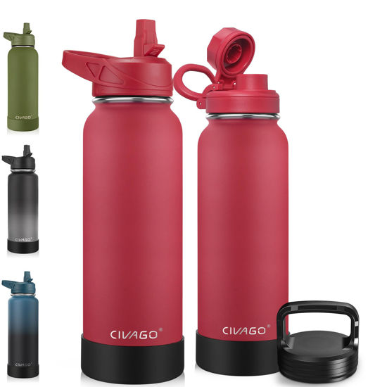 Picture of CIVAGO 40 oz Insulated Water Bottle With Straw, Stainless Steel Sports Water Cup Flask with 3 Lids, Double Walled Travel Thermal Canteen Mug, Red