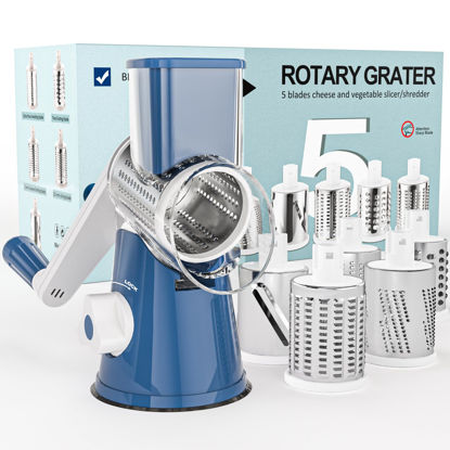 Picture of Cambom Rotary Cheese Grater Hand Crank Cheese Shredder for Fresh Cheese, Vegetable, Nuts, Non-slip Suction Base,Five Blades, Deep Blue