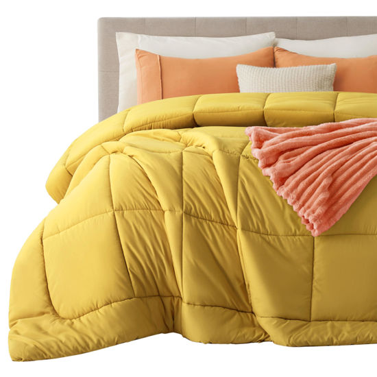 Picture of Bedsure Comforter Duvet Insert - Quilted Comforters King Size, All Season Duvet, Down Alternative Bedding, with 8 Tabs, Gifts for Women/Men, Mustard Yellow, King 90 x 102 Inches