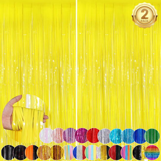Picture of Yellow Party Streamers 2Pack Metallic Tinsel Foil Fringe Curtains 3.3X 8.3ft Party Decors for Photo Booth Photoshoot Bridal Shower Engagement Disco Bachelorette Party Decors Streamers for Christmas