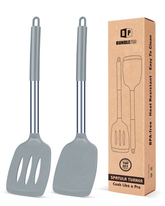 Picture of Pack of 2 Silicone Solid Turner, Non Stick Slotted Kitchen Spatulas, High Heat Resistant BPA Free Cooking Utensils, Ideal Cookware for Fish, Eggs, Pancakes(Gray)