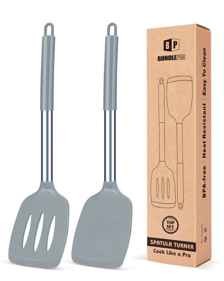 Picture of Pack of 2 Silicone Solid Turner, Non Stick Slotted Kitchen Spatulas, High Heat Resistant BPA Free Cooking Utensils, Ideal Cookware for Fish, Eggs, Pancakes(Gray)
