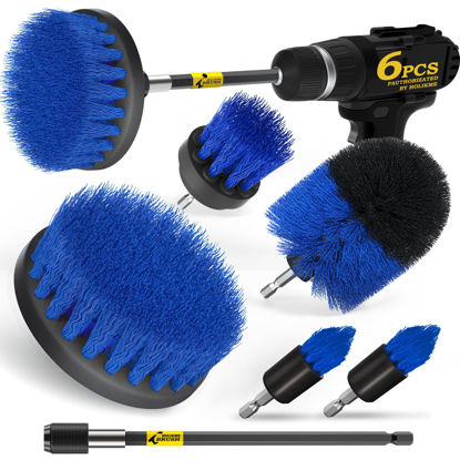Picture of Holikme 6Pack Drill Brush Power Scrubber Cleaning Brush Extended Long Attachment Set All Purpose Drill Scrub Brushes Kit for Grout, Floor, Tub, Shower, Tile, Bathroom，Scrub Brush Blue